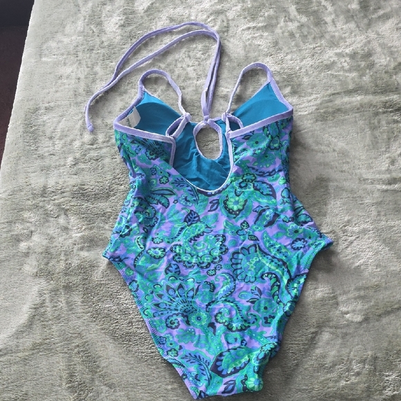Aerie One Piece Keyhole Swimsuit - Blue, Purple And Green Floral. Size Medium - Picture 6 of 7